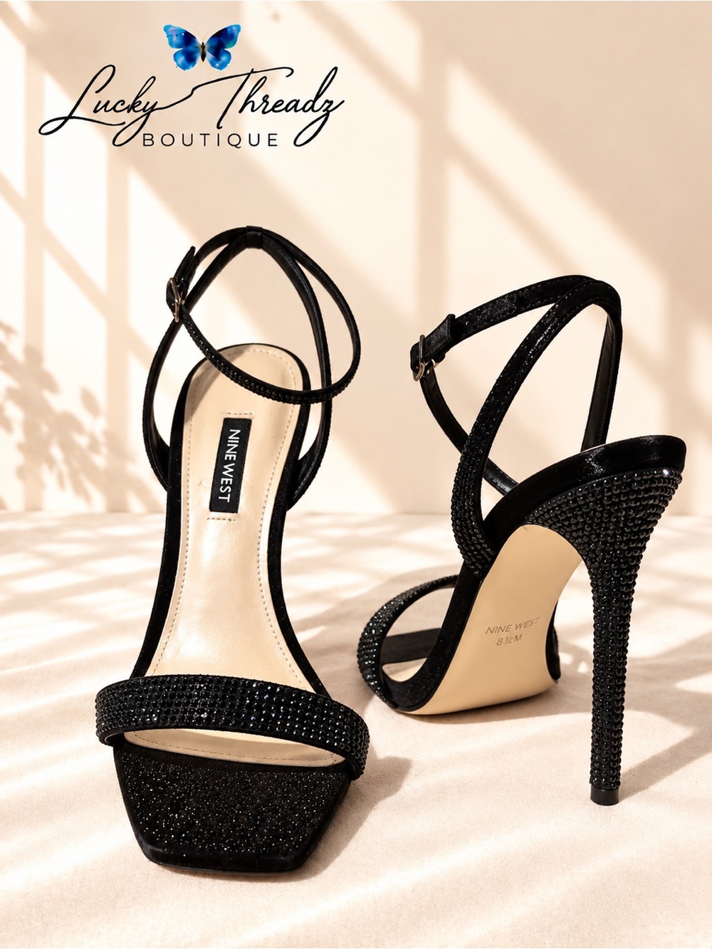 Nine West Stodia Black Rhinestone Stiletto Heels Ankle Strap Sandals 8.5M